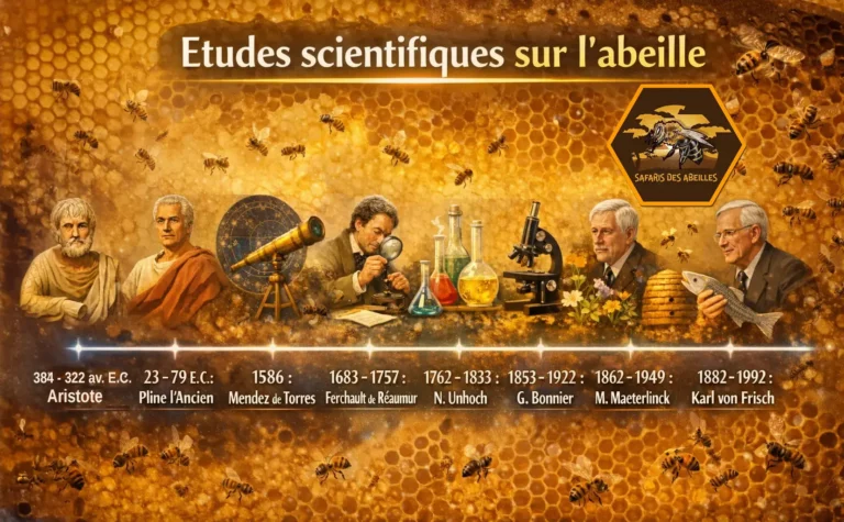 Frise des scientifiques étudiant la danse des abeilles