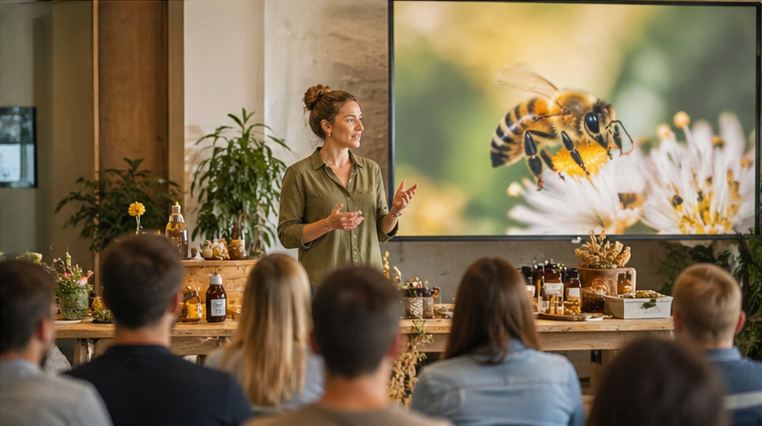 Une conférencière sur les abeilles devant un public