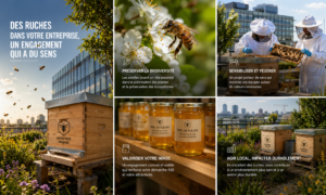 5 images avec des ruches, des abeilles en entreprise pour le RSE