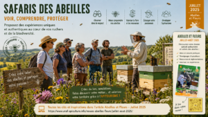 Un apiculteur au milieu des ruches explique le monde des abeilles à un public de plusieurs personnes