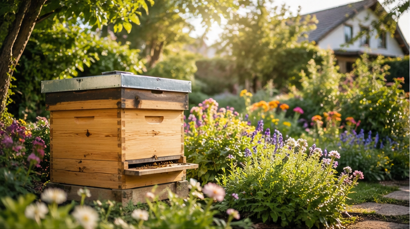 Une ruche moderne dans un jardin fleuri