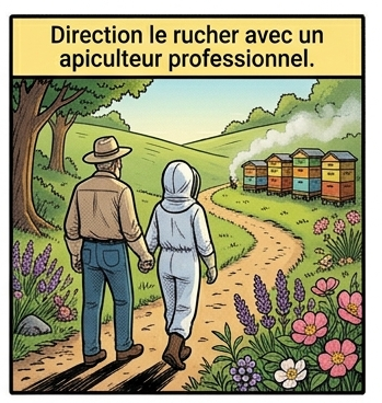 Apiculteur et participant se dirigent vers le ruches style BD