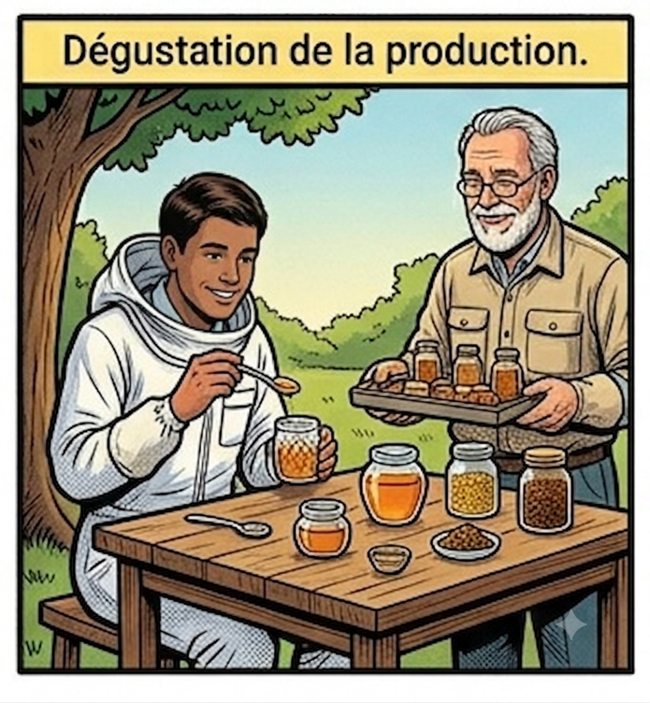 Dégustation de la production de l'apiculteur style BD
