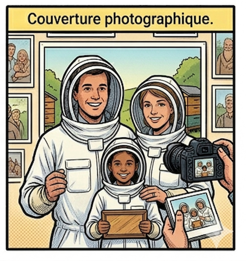 Couverture photographique d'une famille en tenue d'apiculteur style BD