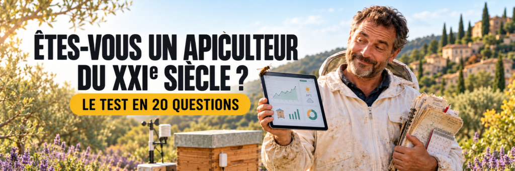Un apiculteur présentant le livre " L'apiculture prédictive et algorithmique " sur un rucher de Provence